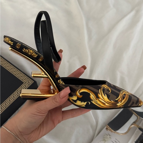 Authentic Fendi Versace Black and Gold Patterned Heels - Picture 7 of 13